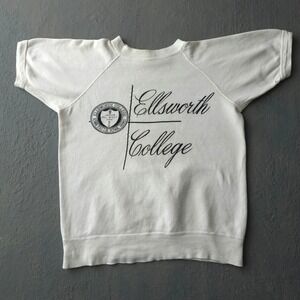 Vintage 1960s Artex White Short Sleeve Sweatshirt M Ellsworth College USA Made